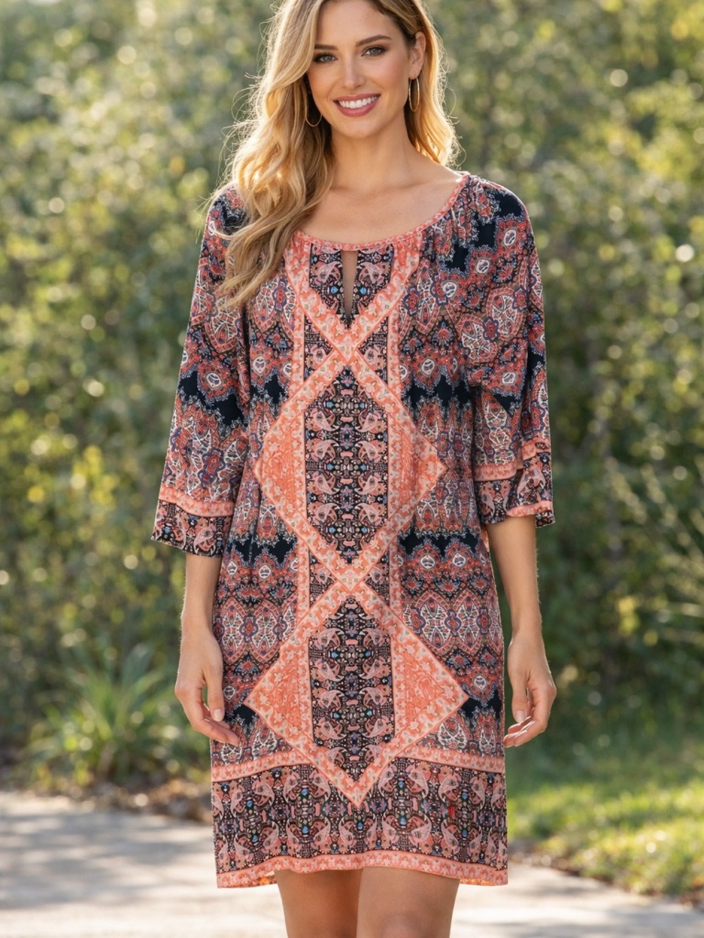 Liz Claiborne Coral and Navy Paisley Tunic